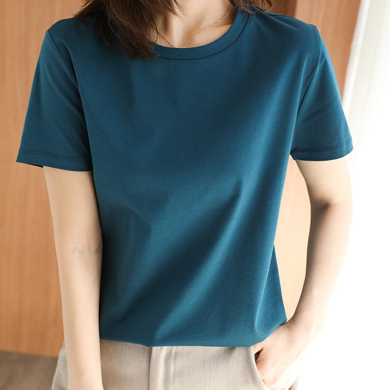Maglietta donna a manica corta in cotone mercerizzato slim fit e ampia, colore neutro, vestibilità comoda e stile casual.
