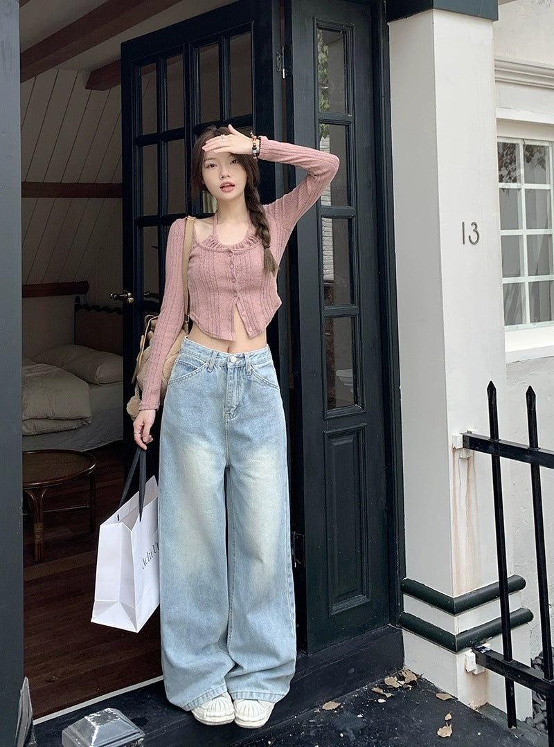 Jeans Valstrend shop a vita bassa, dritti, retrò, lavati e usurati, con stile vintage e dettagli autentici.