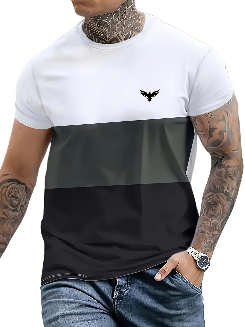 T-shirt da uomo Valstrend con grafica di aquila, stampa a blocchi di colori, collo a giro e maniche corte, stile casual estivo.