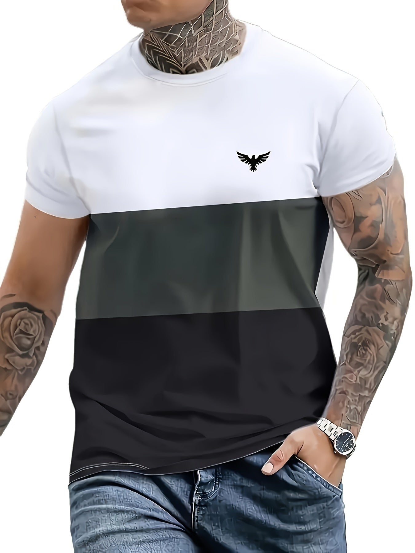 T-shirt da uomo Valstrend con grafica di aquila, stampa a blocchi di colori, collo a giro e maniche corte, stile casual estivo.