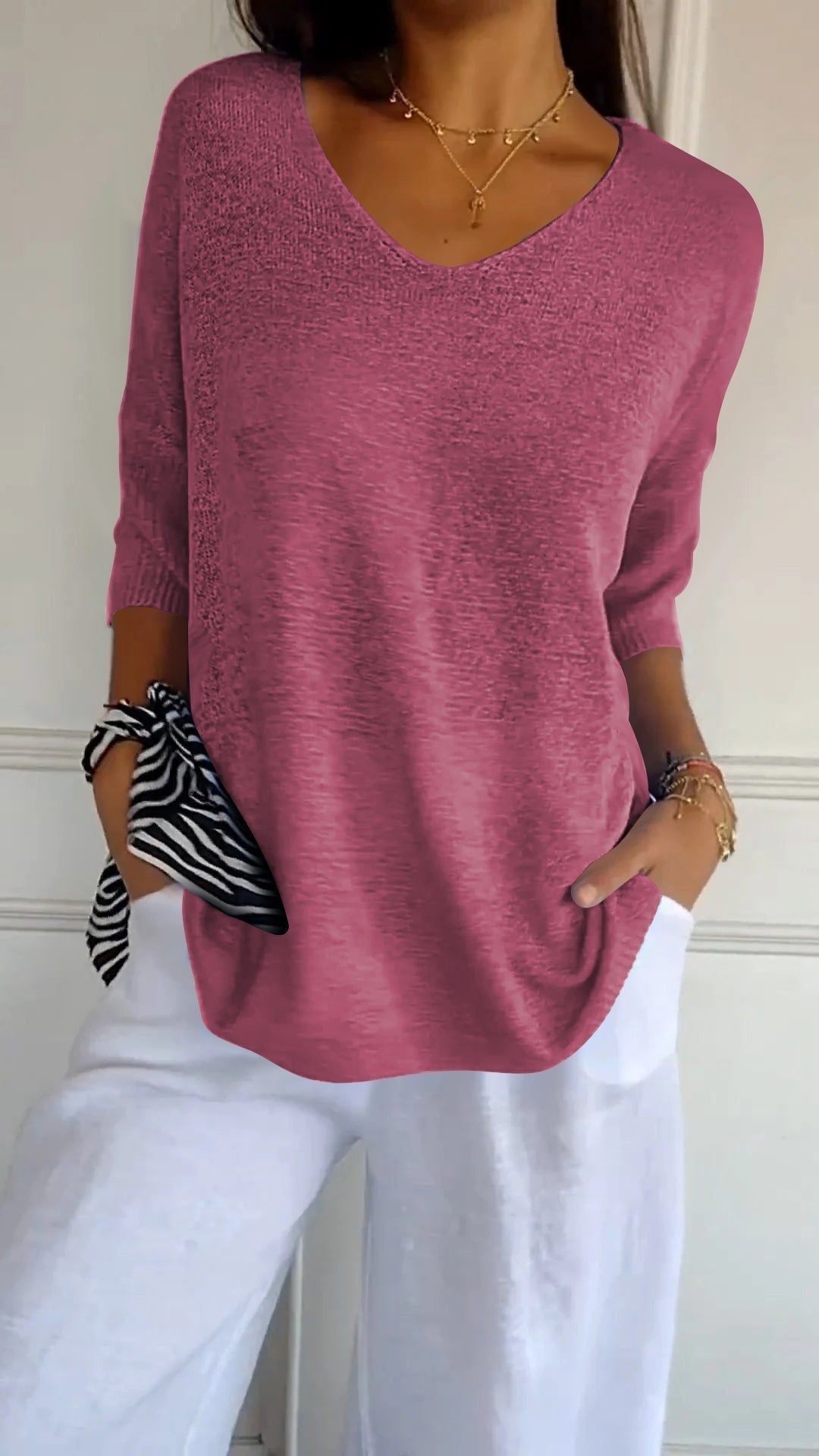 Maglione a maglia colorata con scollo a V slim, donna, modello Valstrend, tessuto solido, capo di base elegante e comodo