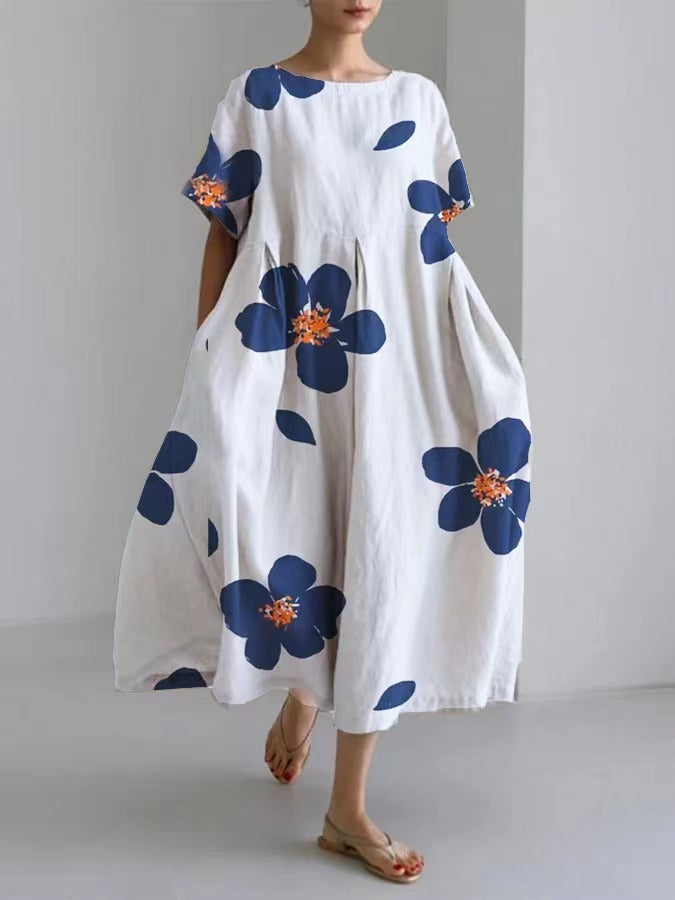 Digital Printing Small Chrysanthemum Women's Casual Short Sleeve Large Swing Dress