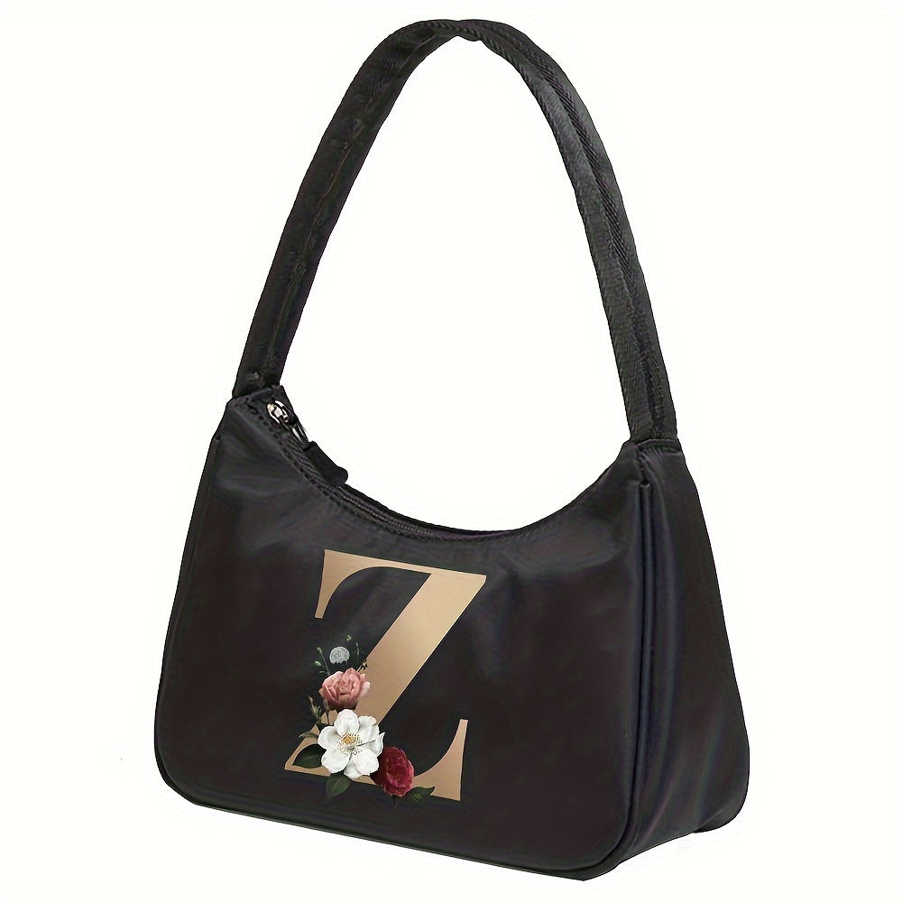 Floral Letter Print Shoulder Bag, Fashion Nylon Underarm Bag, Women's Zipper Handbag & Purse