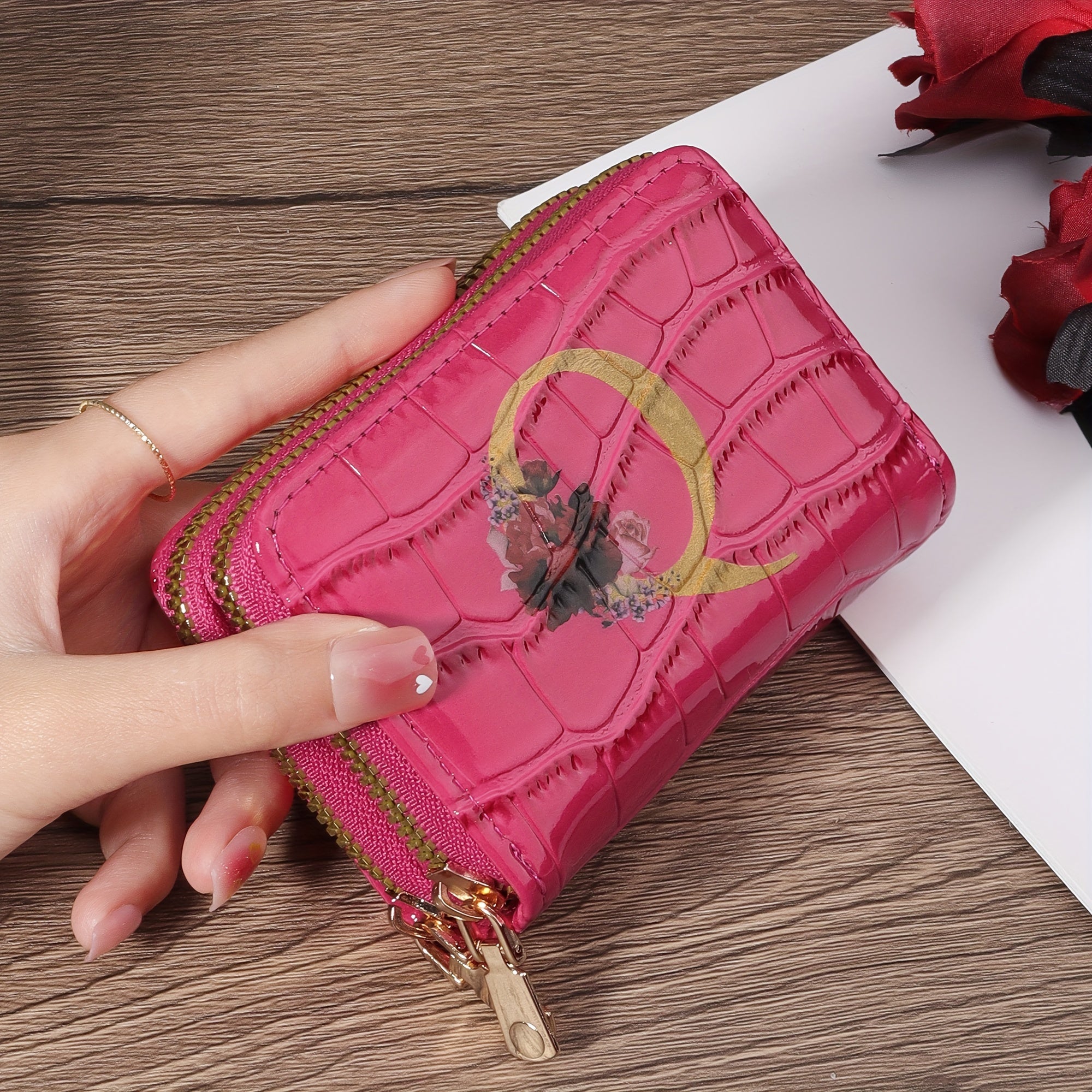 Portafoglio portacarte Valstrend con motivo floreale, piccolo, con zip, per donne e uomini, design a fisarmonica.