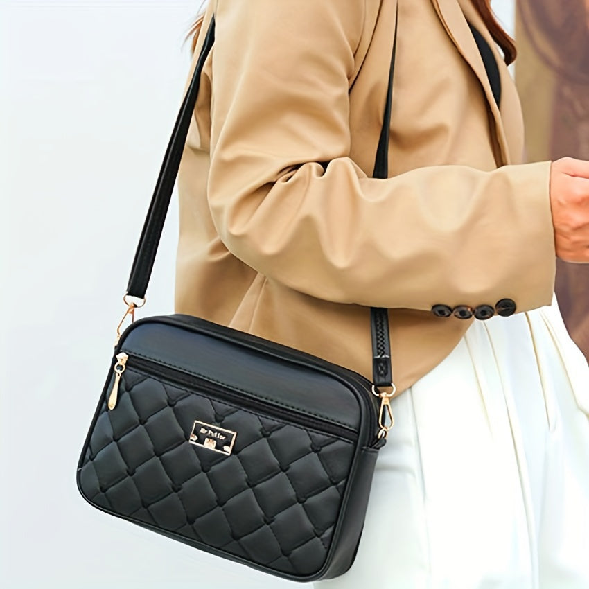 Borsa a spalla femminile Valstrend in pelle PU con motivo argyle trapuntato, piccola e quadrata, elegante e alla moda.