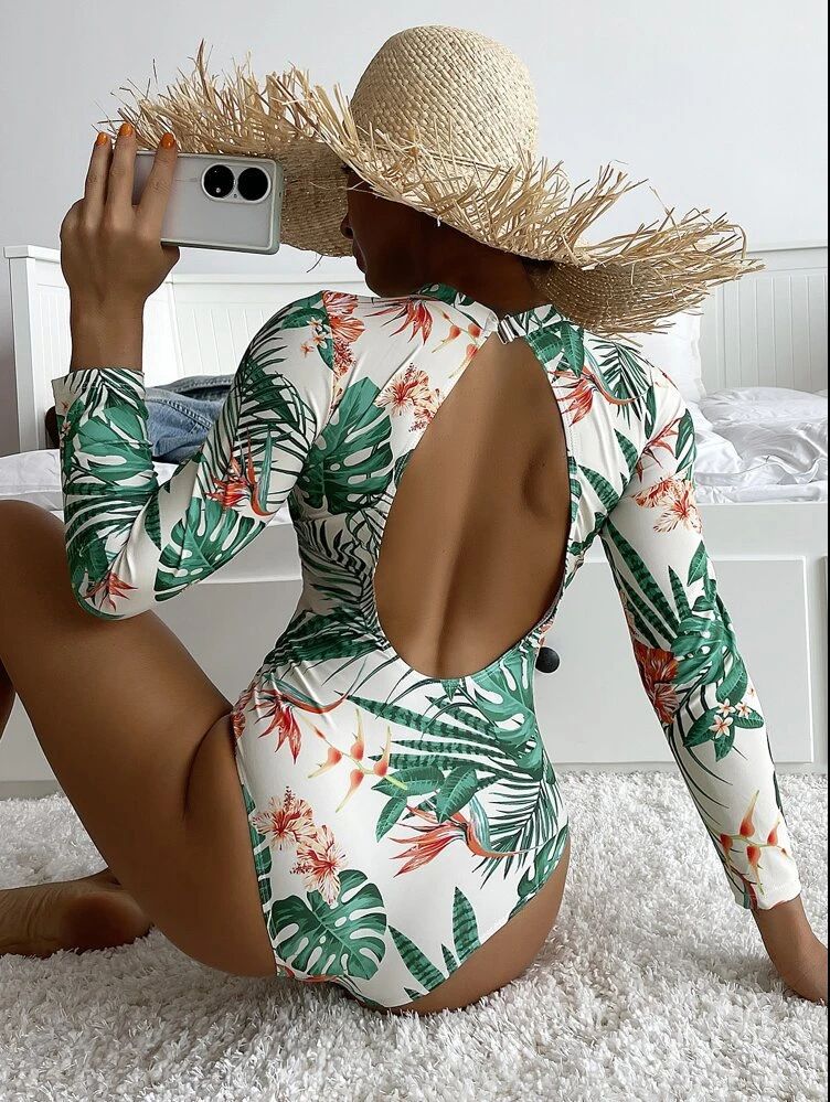 Costume intero da donna Valstrend, moda conservatrice con stampa, a maniche lunghe, perfetto per il mare e il relax estivo.