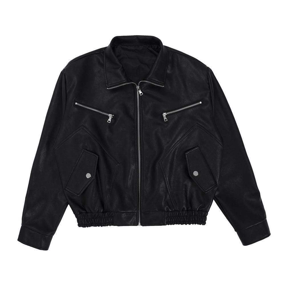 Hippie Rock Motorcycle Clothing Leather Jacket Men's Loose Casual Zipper Stand Collar PU Leather Jacket