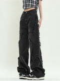 Women's Retro Wide Leg Frayed Five-pointed Star Jeans Simple