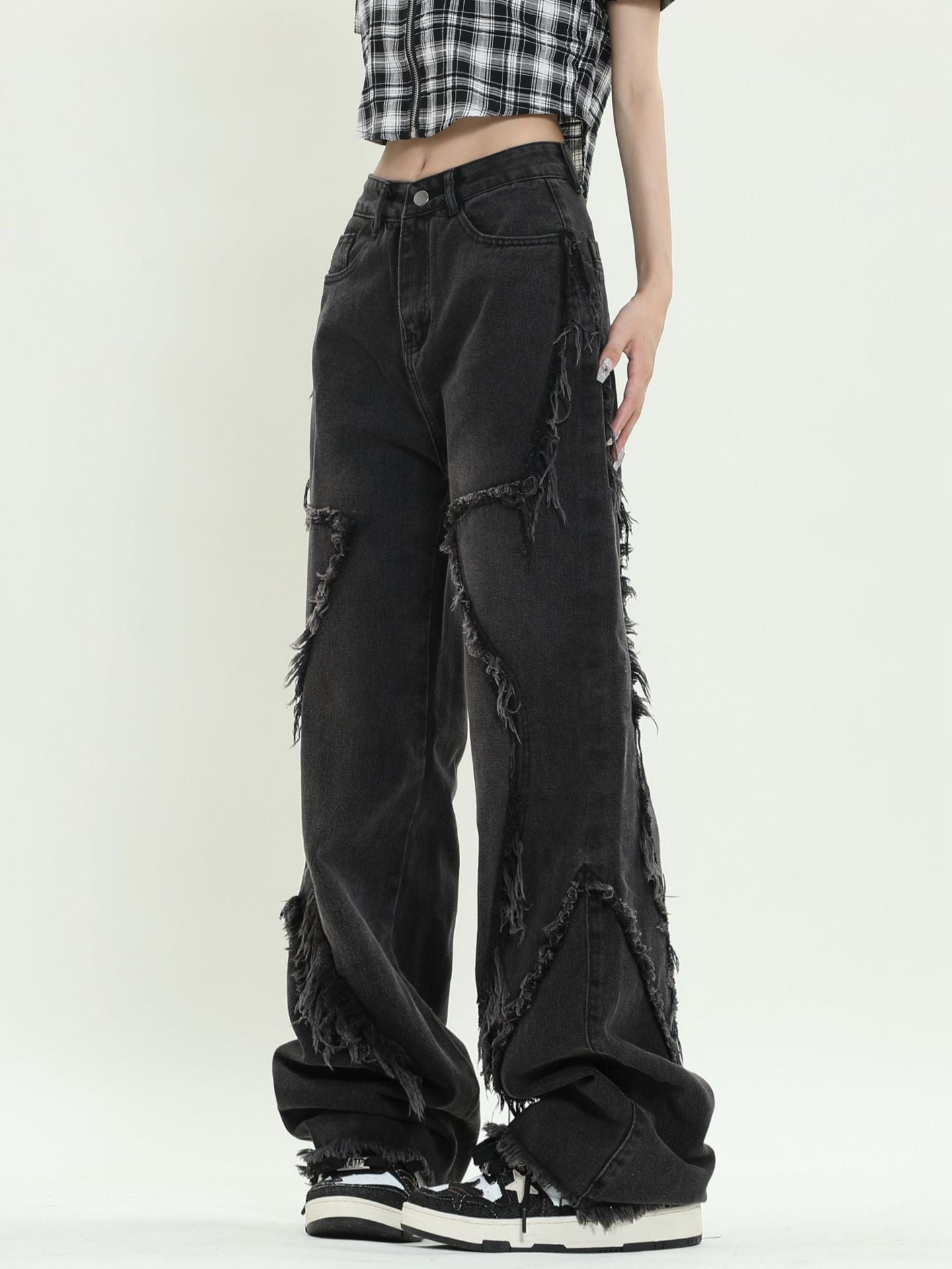 Women's Retro Wide Leg Frayed Five-pointed Star Jeans Simple