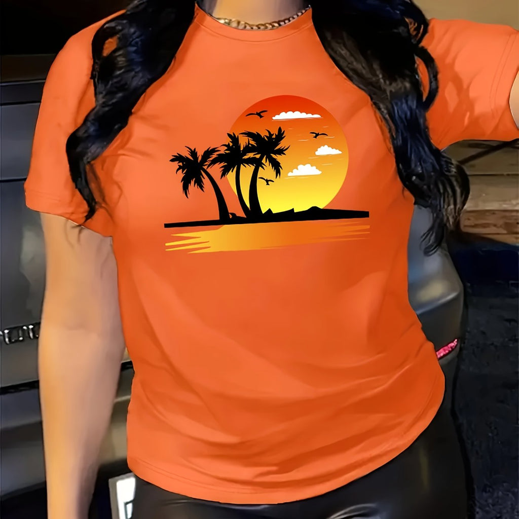 T-shirt casual a maniche corte con stampa di tramonto sulla spiaggia, modello donna, marchio Valstrend shop.