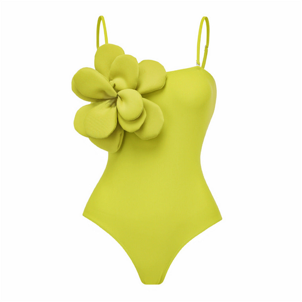 Costume da bagno intero Valstrend con top a fascia tinta unita, dettagli a fiori tridimensionali e design slip-on.