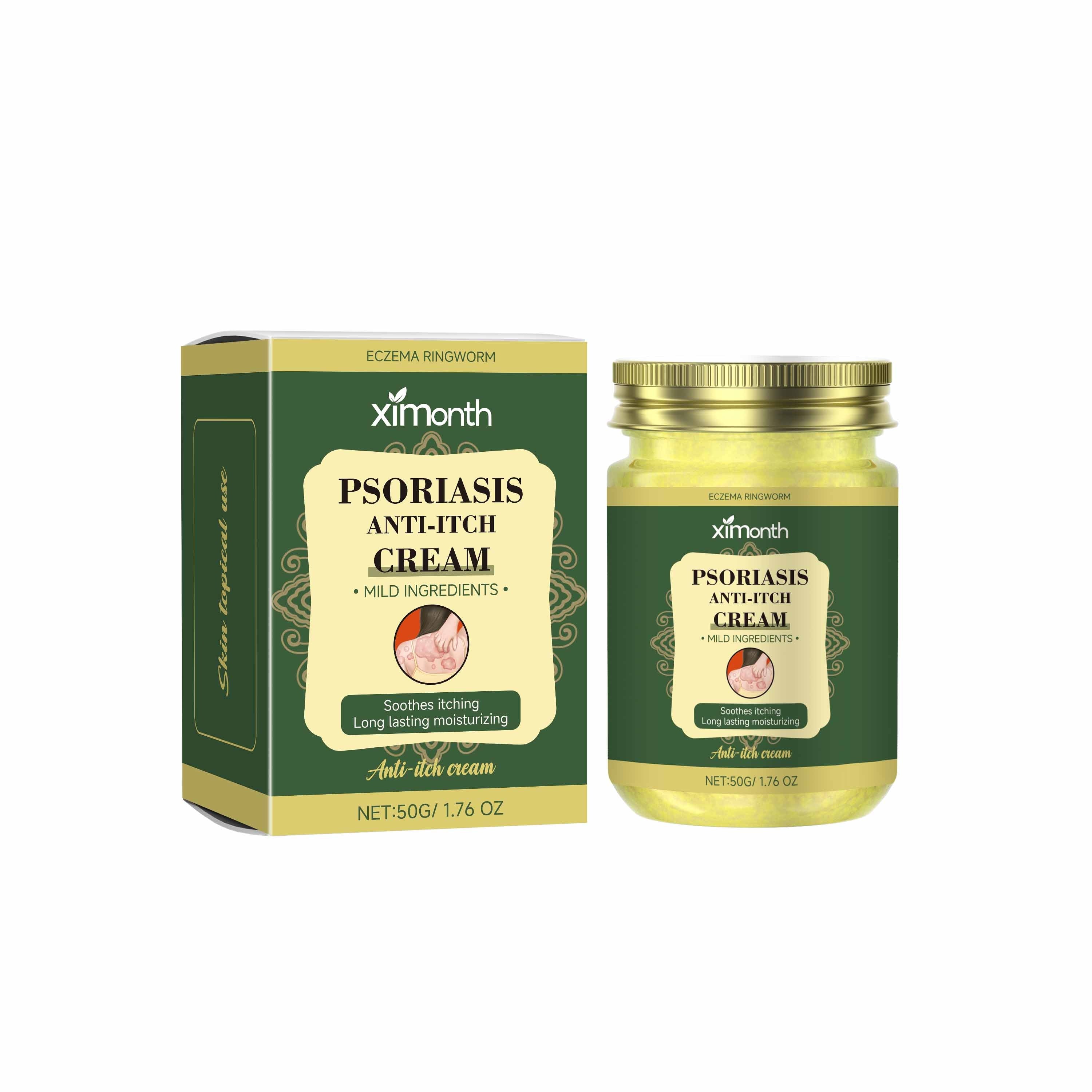 Crema anti-prurito per psoriasi Valstrend, crema lenitiva visibile in barattolo con etichetta bianca e blu.