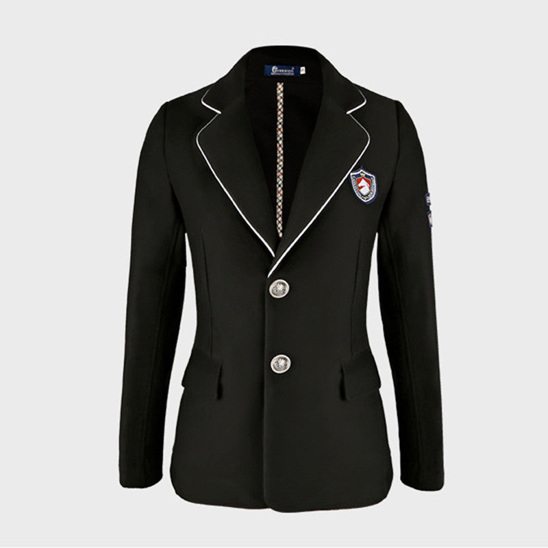 Giacca da equitazione Valstrend in tessuto elegante per competizioni equestre, con dettagli classici e vestibilità aderente.