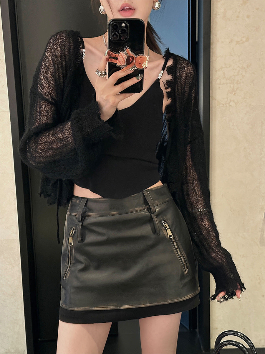 Gonna in pelle PU spazzolata da donna, gonna a-line autunnale retrò, stile femminile e moderno.