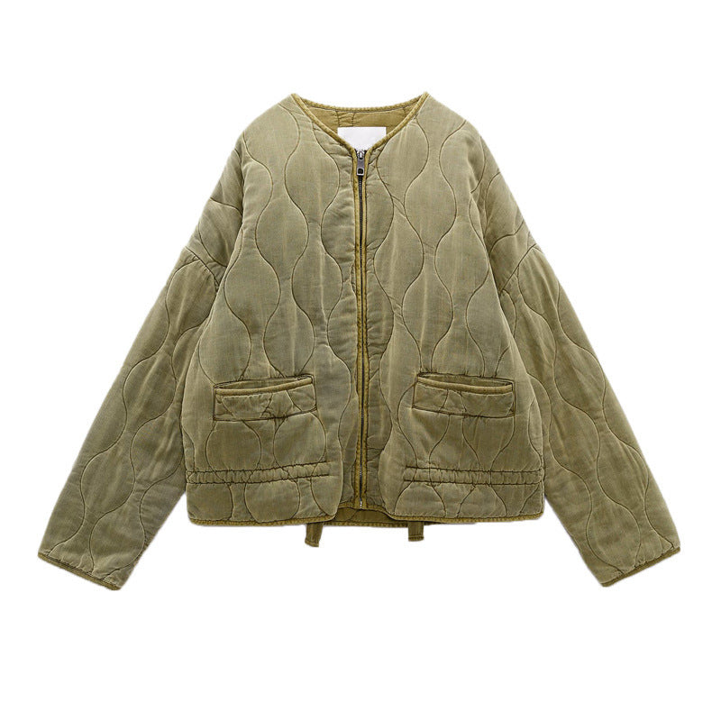 Women's Fashionable Loose Diamond Pattern Round Neck Loose Cotton Coat