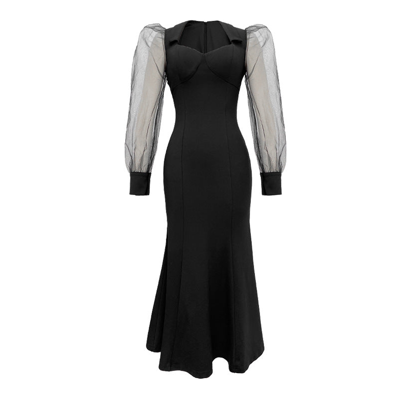 Abito lungo stile francese con colletto quadrato, maniche a sbuffo e gonna a sirena, elegante e sofisticato, marca Valstrend.