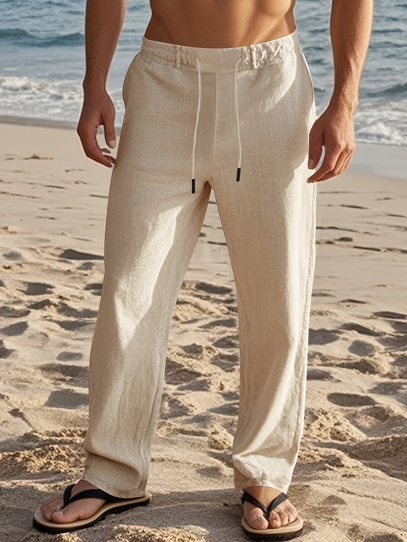 Pantaloni casual in lino Valstrend shop, gamba dritta, coulisse regolabile, colore solido, ideale per primavera, autunno e spiaggia.
