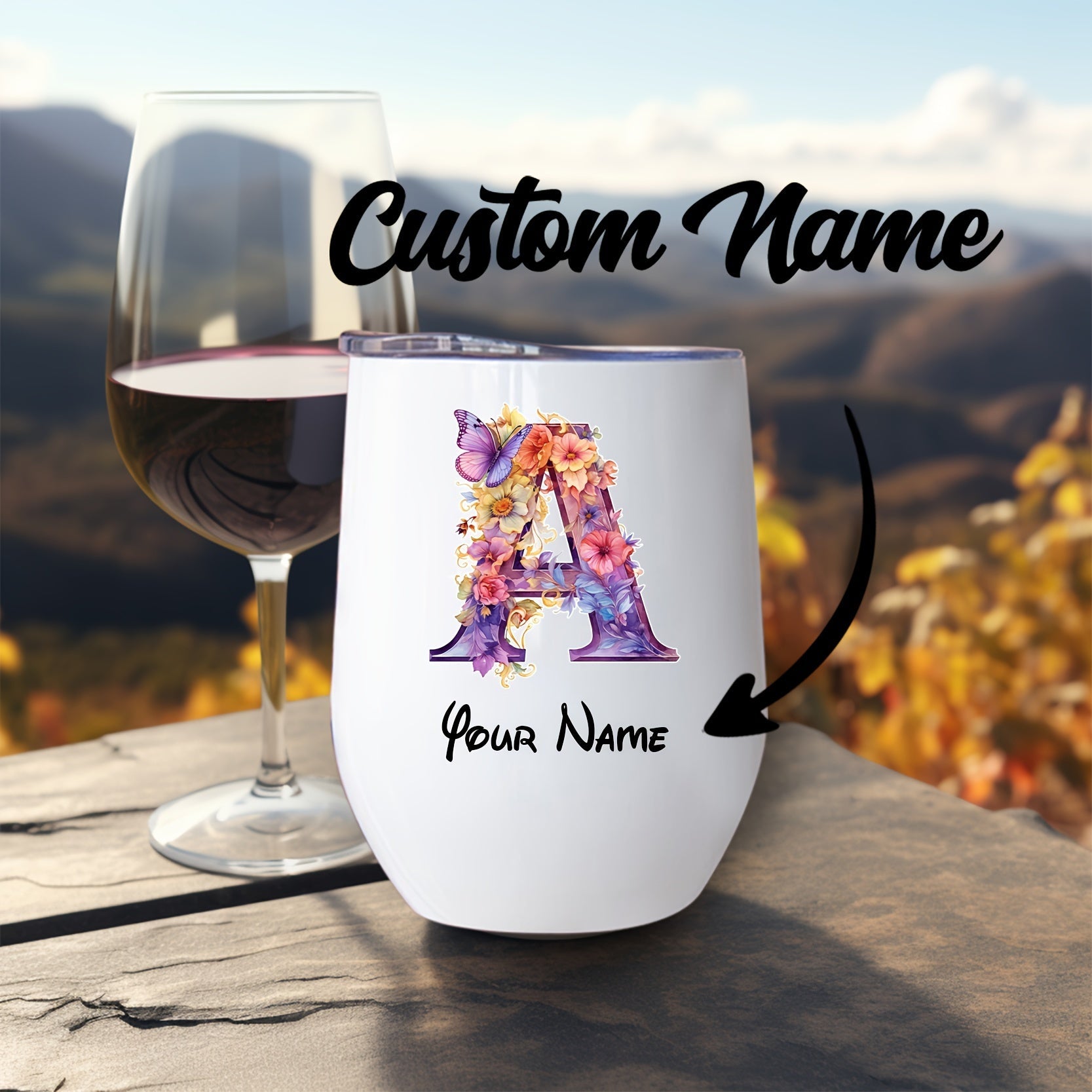 [Customization]1pc 12Oz Letter Egg-Shaped Design Wine Glass, 26 Letter Names Customized Flower Pattern Double-Layer Insulated Stainless Steel Lid Leak-Proof Coffee Cup, Perfect Birthday Gift, Christmas Gift, Mother'S Day Gift for Family And Friends