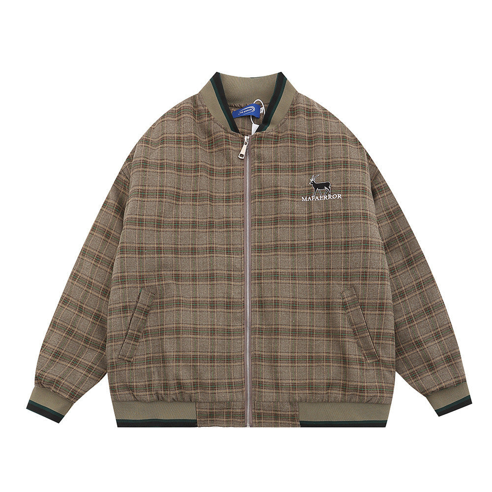 American Retro Plaid Baseball Stand Collar Coat Cotton-padded Jacket