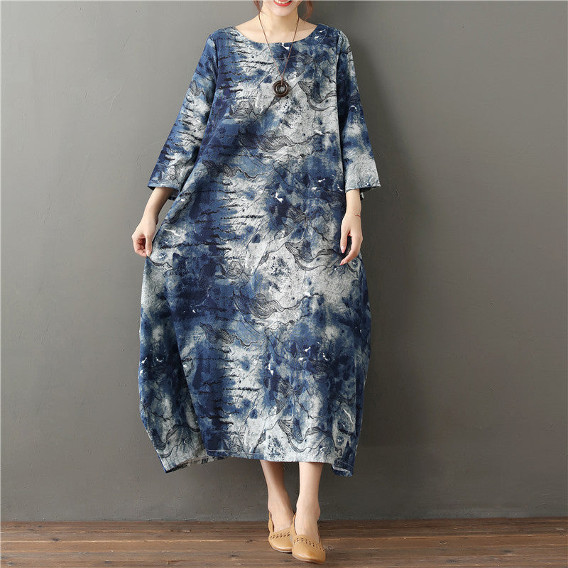 Vestito originale tie-dye plus size Valstrend in cotone e lino, stile artistico retrò con stampa colorata.