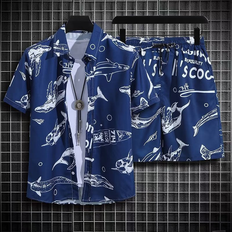 Completo da shorts e camicia stampata di moda Valstrend, abbigliamento casual da spiaggia con stampa colorata e tessuto leggero.
