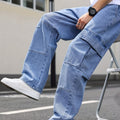 Jeans da uomo casual Valstrend con più tasche, modello dritto, vestibilità regolare, in denim adatto a tutte le stagioni.