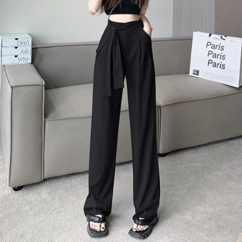 Pantaloni eleganti da donna Valstrend in grigio con gamba ampia e dettagli drappeggiati, stile formale e moderno.
