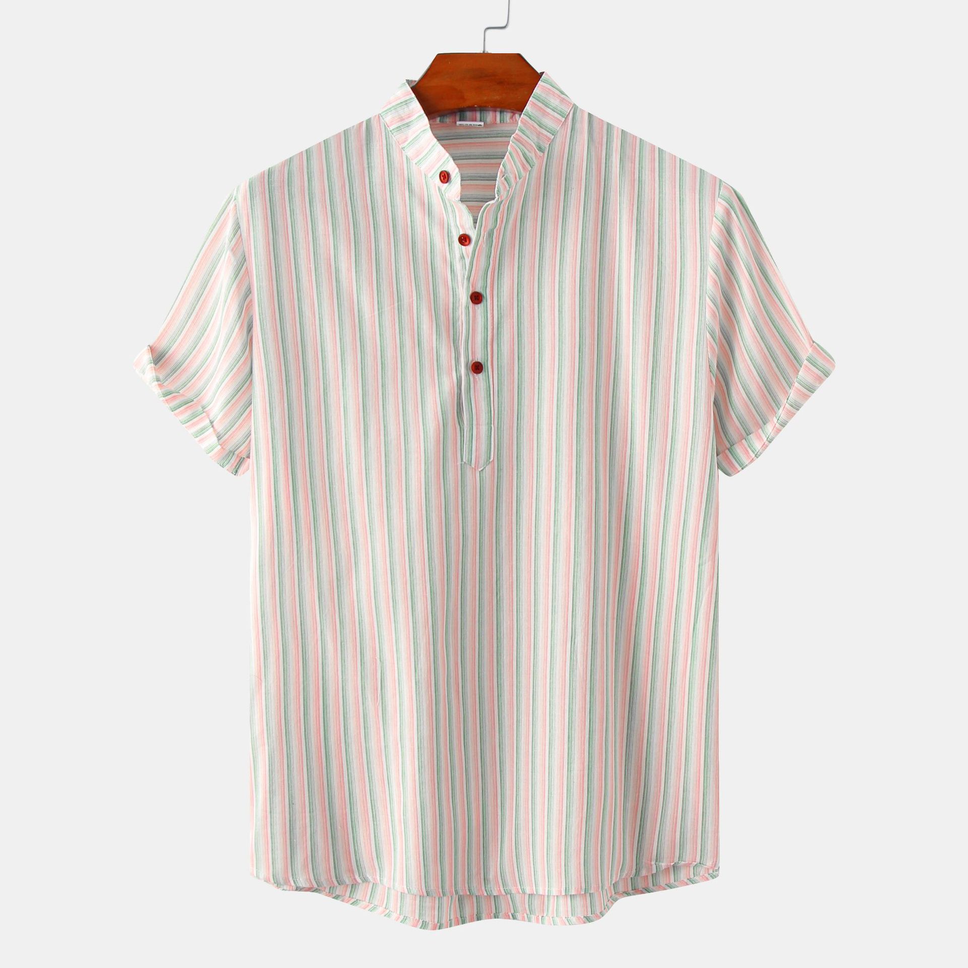 Camicia da uomo Valstrend con colletto stand-up, a righe stampate e maniche corte, stile moda commerciale internazionale.