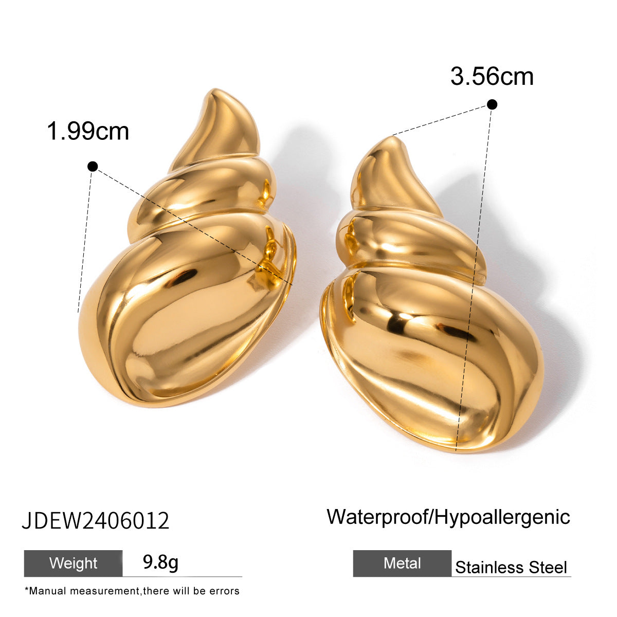 Orecchini a conch in oro 18K e acciaio inossidabile, con superficie lucida e tre-dimensionali, di marca Valstrend.