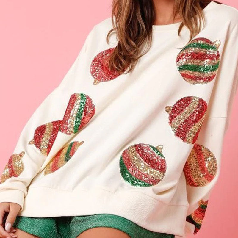 Maglione natalizio autunno-inverno donna Valstrend con ricami di paillettes, collo rotondo e maniche lunghe, decorato con sequins.