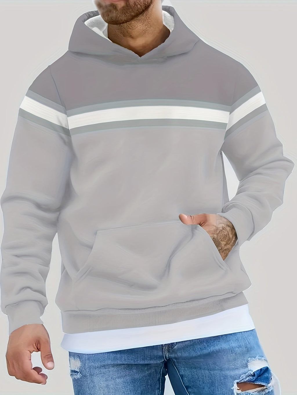Felpa casual da uomo Valstrend con blocchi di colore, cappuccio, tasca frontale e tessuto in poliestere elasticizzato.