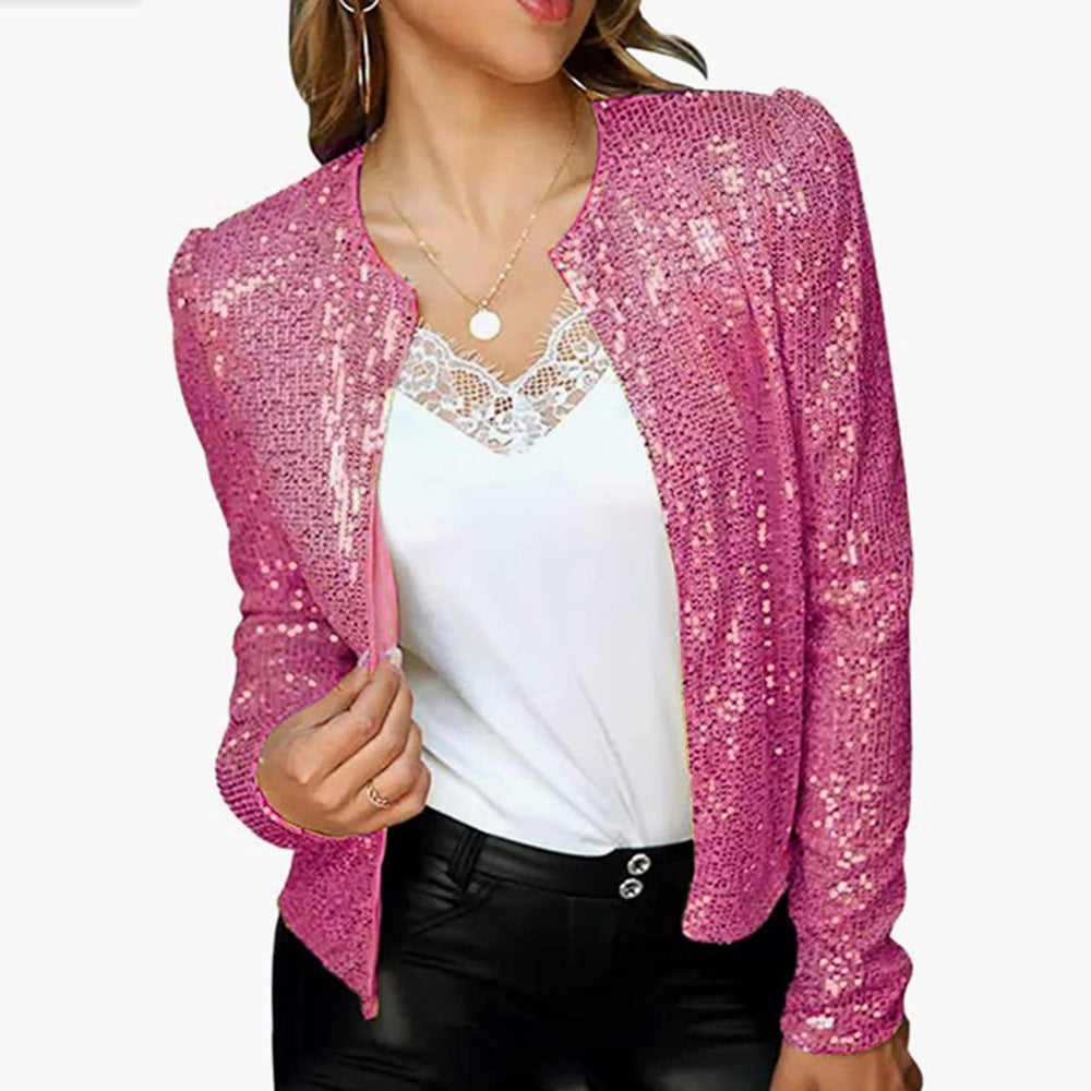 Giacca corta casual da donna Valstrend con blocchi di colore e paillettes, stile fashion e moderno, per look trendy e vivaci.