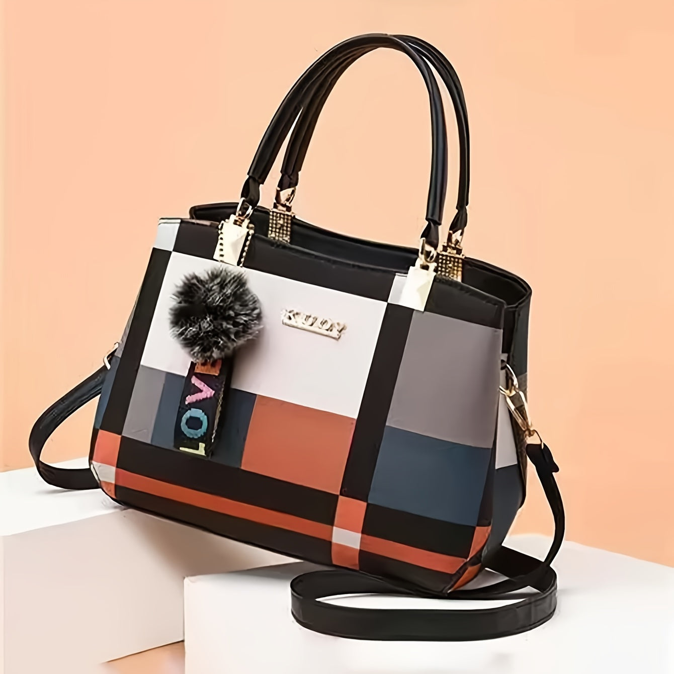 Borsa a spalla elegante con motivo a griglia, chiusura magnetica e scomparti multipli, ideale per occasioni formali, lavoro o scuola.