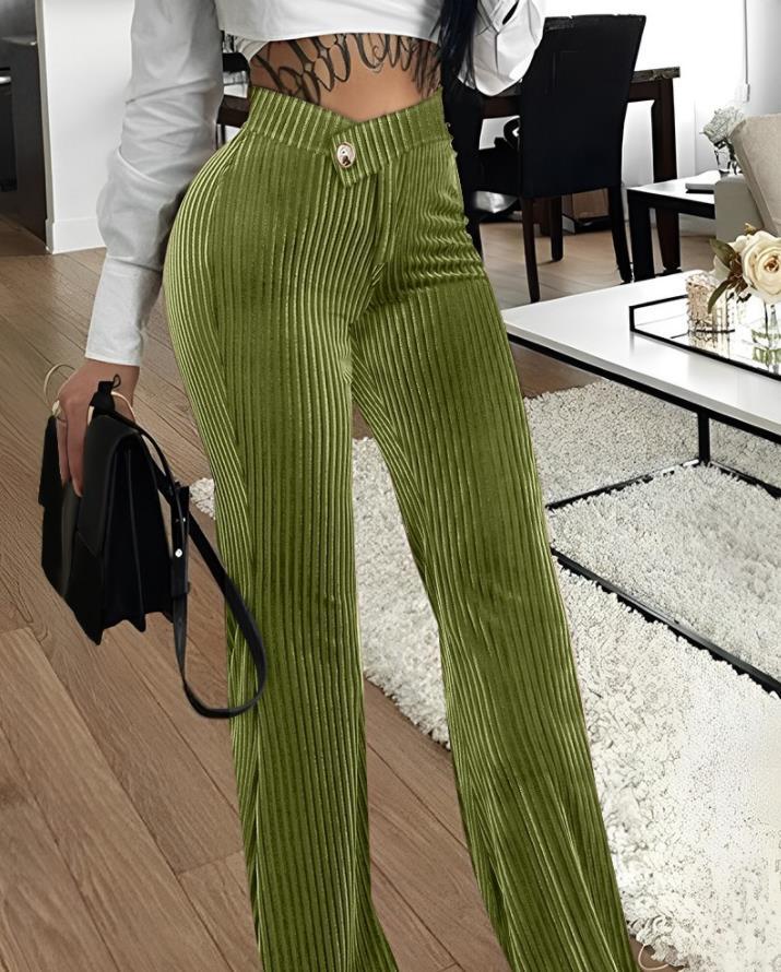 Pantaloni casual donna in velluto dorato e rigato Valstrend, stile elegante e confortevole, con dettagli a strisce.