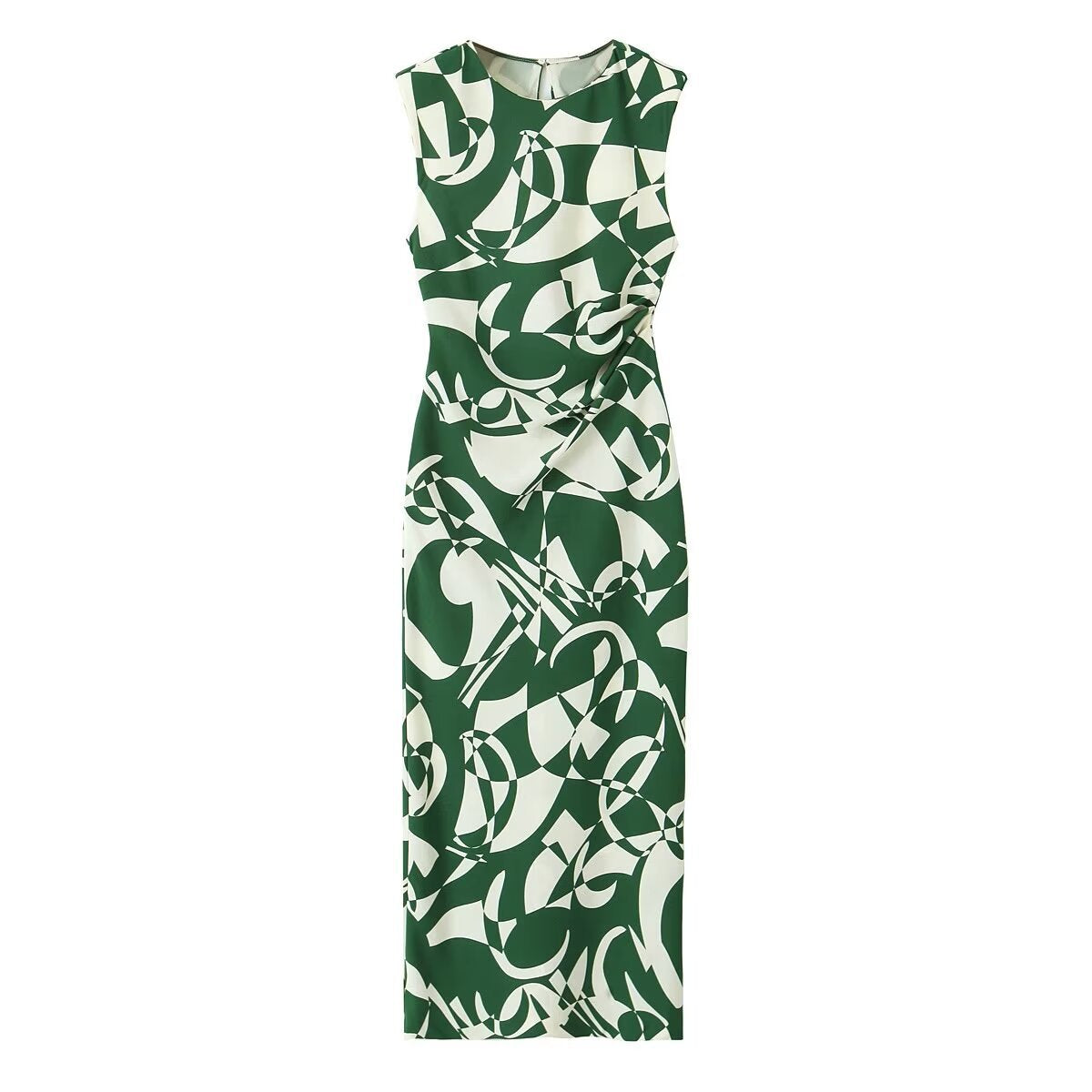 Vestito femminile Valstrend con fantasia floreale verde stampata, maniche corte e stile elegante.