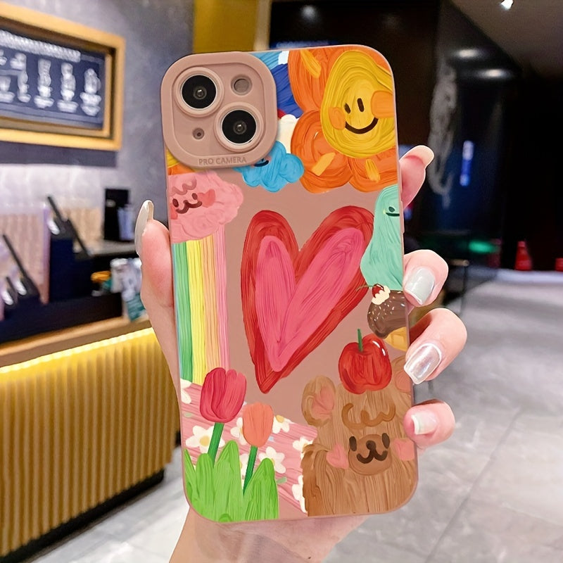 Custodia antiscivolo per iPhone con motivo cuore, fiori, orsetto, arcobaleno, mela e gelato, in rosa, di Valstrend shop.