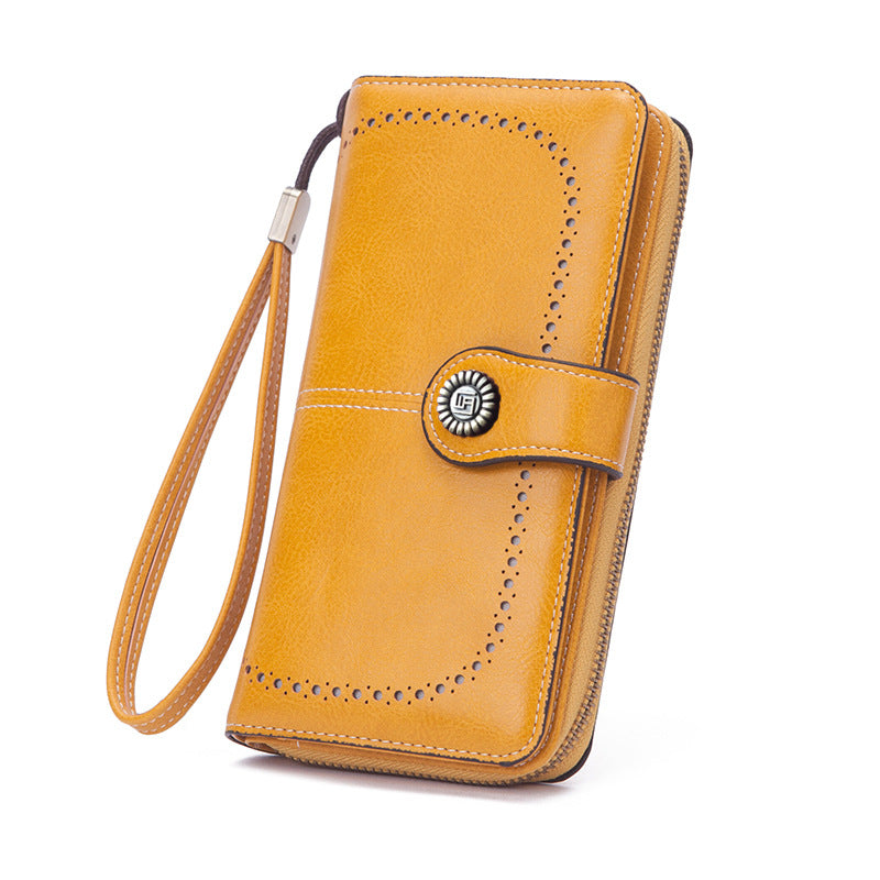 Portafoglio lungo retrò minimalista Valstrend, in pelle colorata, con scomparti interni e chiusura elegante, stile vintage.