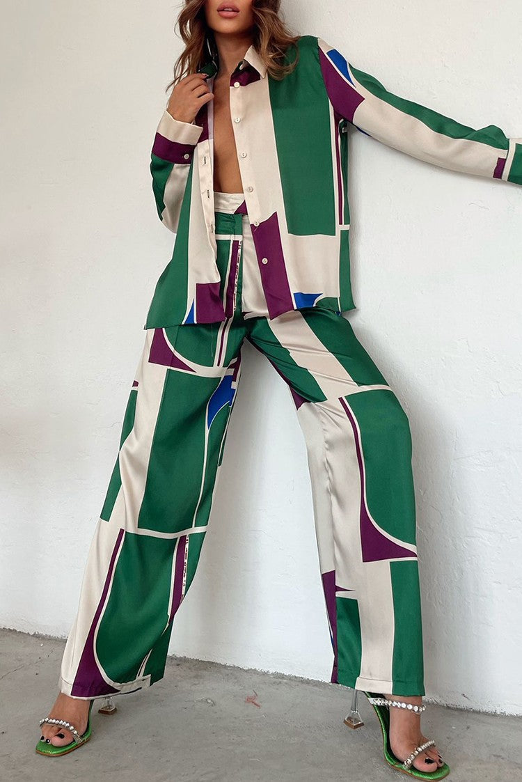 Camicia a maniche lunghe con stampa e pantaloni dritti Valstrend, abbigliamento femminile primavera e autunno, stile casual elegante