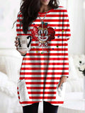 Printed Round Neck Long Sleeve Women's Bag Hip Dress