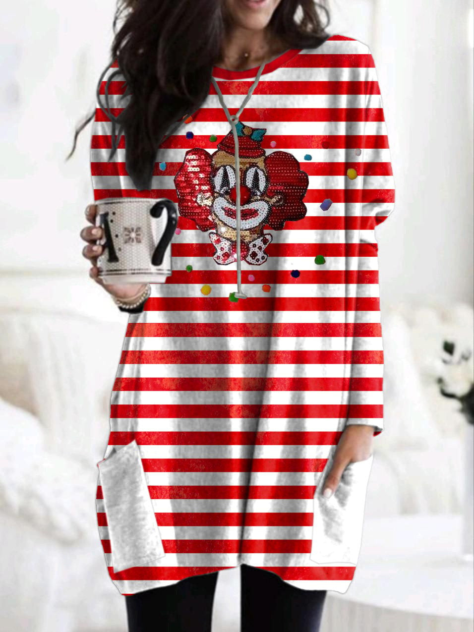 Printed Round Neck Long Sleeve Women's Bag Hip Dress