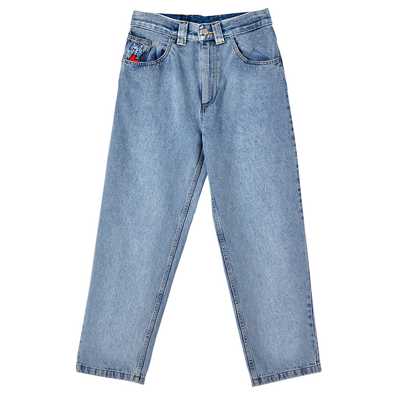 Jeans casual da uomo Valstrend con tasca a elefante ricamata e stile hip hop, tessuto denim resistente.