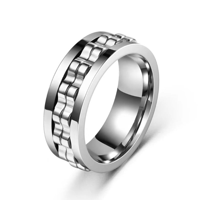 Anello spinner in titanio con texture quadrata, per uomo, in acciaio inossidabile lucido, con design rotante per fidget e charme.