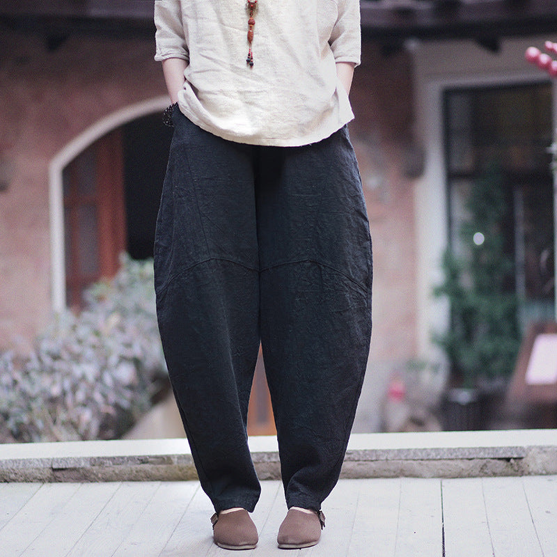 Pantaloni corti in lino retrò larghi taglia comoda Valstrend, stile vintage e vestibilità ampia, in tessuto naturale e leggero.