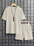 Shorts da uomo a tinta unita con maniche corte, stile casual in tessuto a maglia, marca Valstrend.