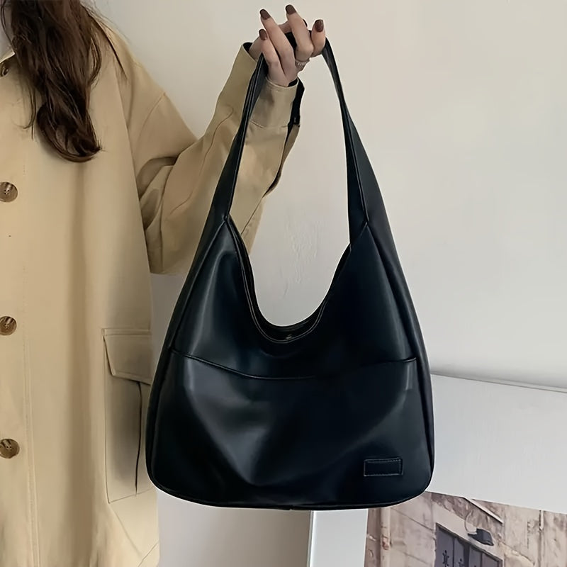 Elegant Large Capacity Hobo Bag for Women - Minimalist Solid Color, Faux Leather Shoulder Tote with Secure Clasp Closure