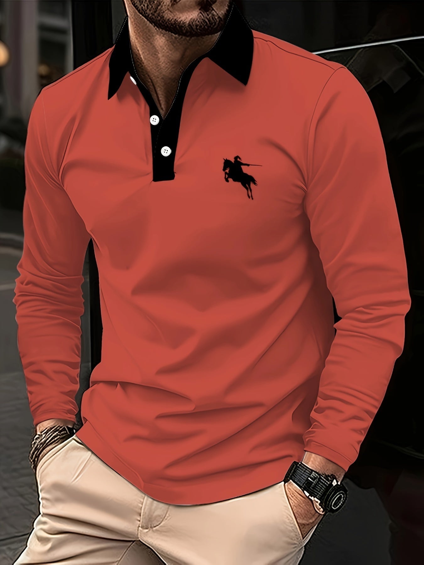 Camicia uomo Valstrend con stampa cavallo, maniche lunghe, collo botton-down, ideale per casual, golf e stagioni di primavera e autunno.