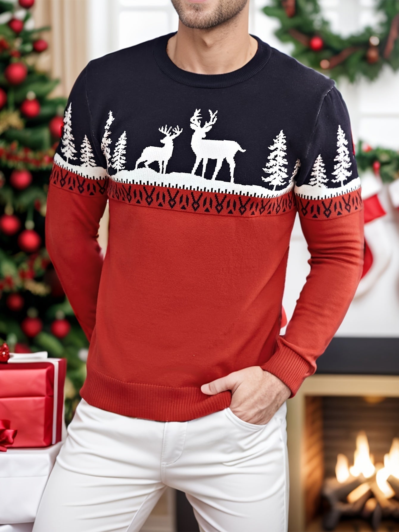 Maglione natalizio da uomo con renna festiva in poliestere, manica lunga, ideale per feste di Natale e regali, marchio Valstrend.