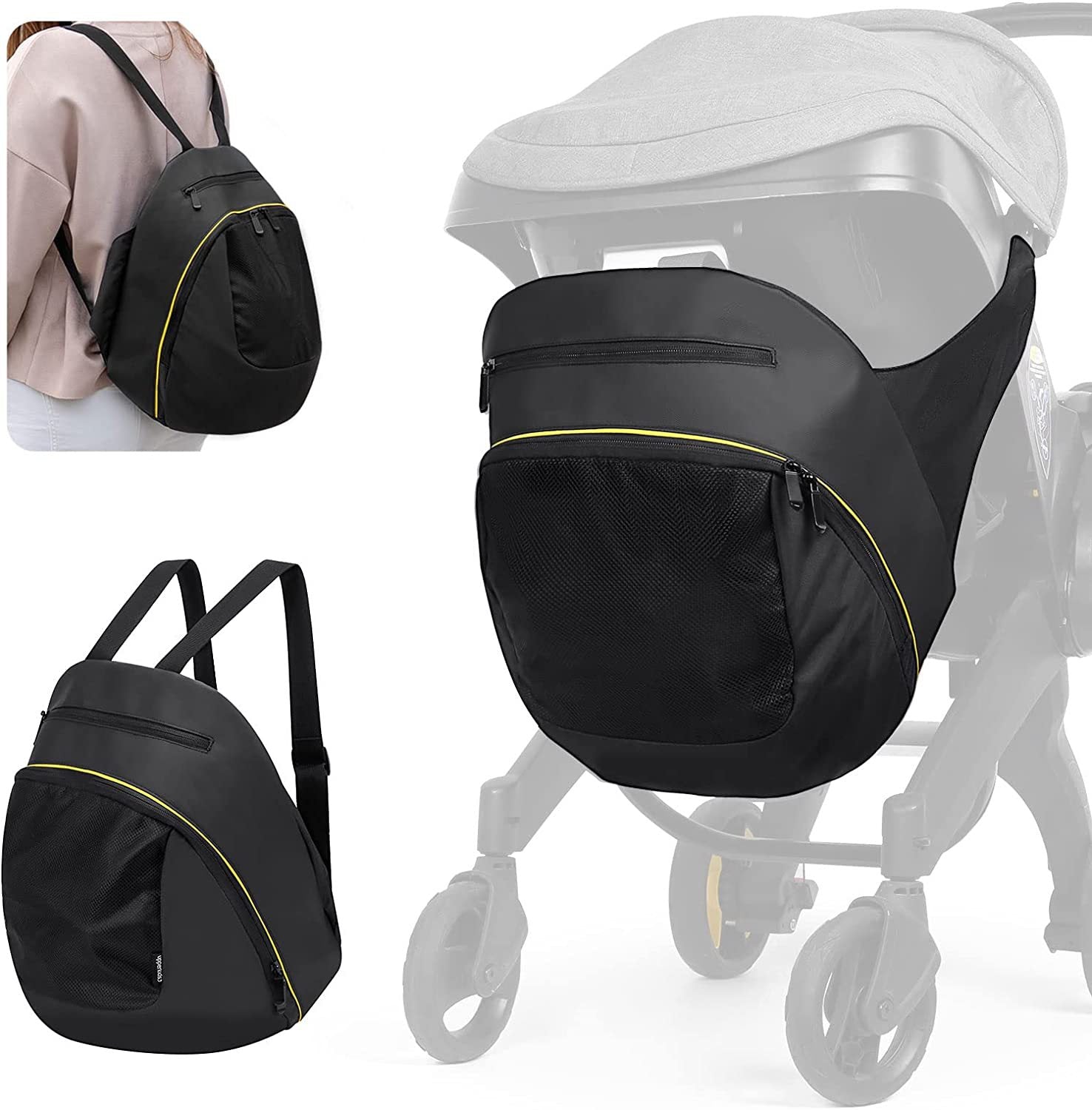 Sacca portaoggetti dedicata per passeggino quattro-in-uno Valstrend, comoda e resistente, visibile con cerniera e manico robusto.