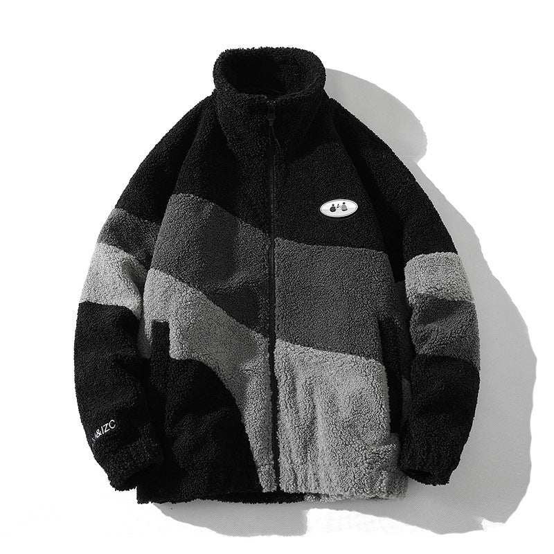 Couple Lambswool Stand Collar Coat Colorblock All-matching Top