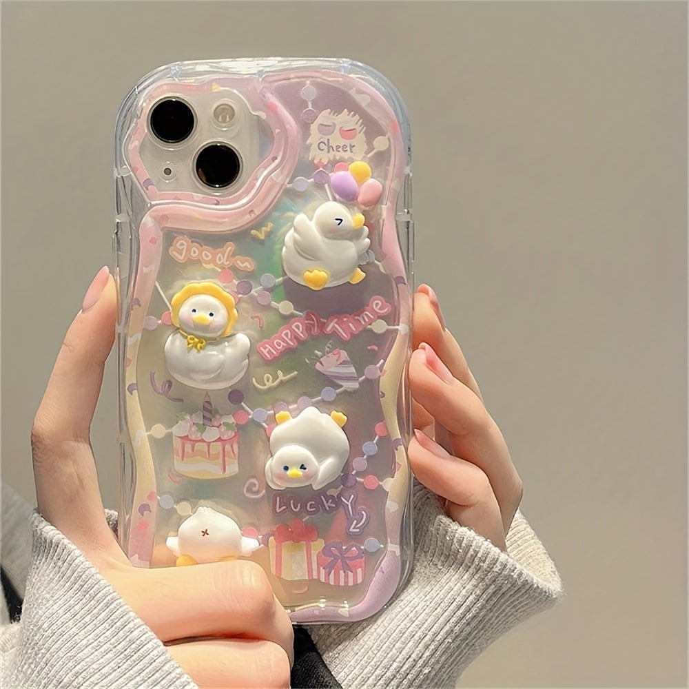 Custodia in silicone con disegno di paperella 3D per iPhone 15/14 Pro Max/13/12/11 Plus, con bordo a onda gradiente, resistente agli shock.